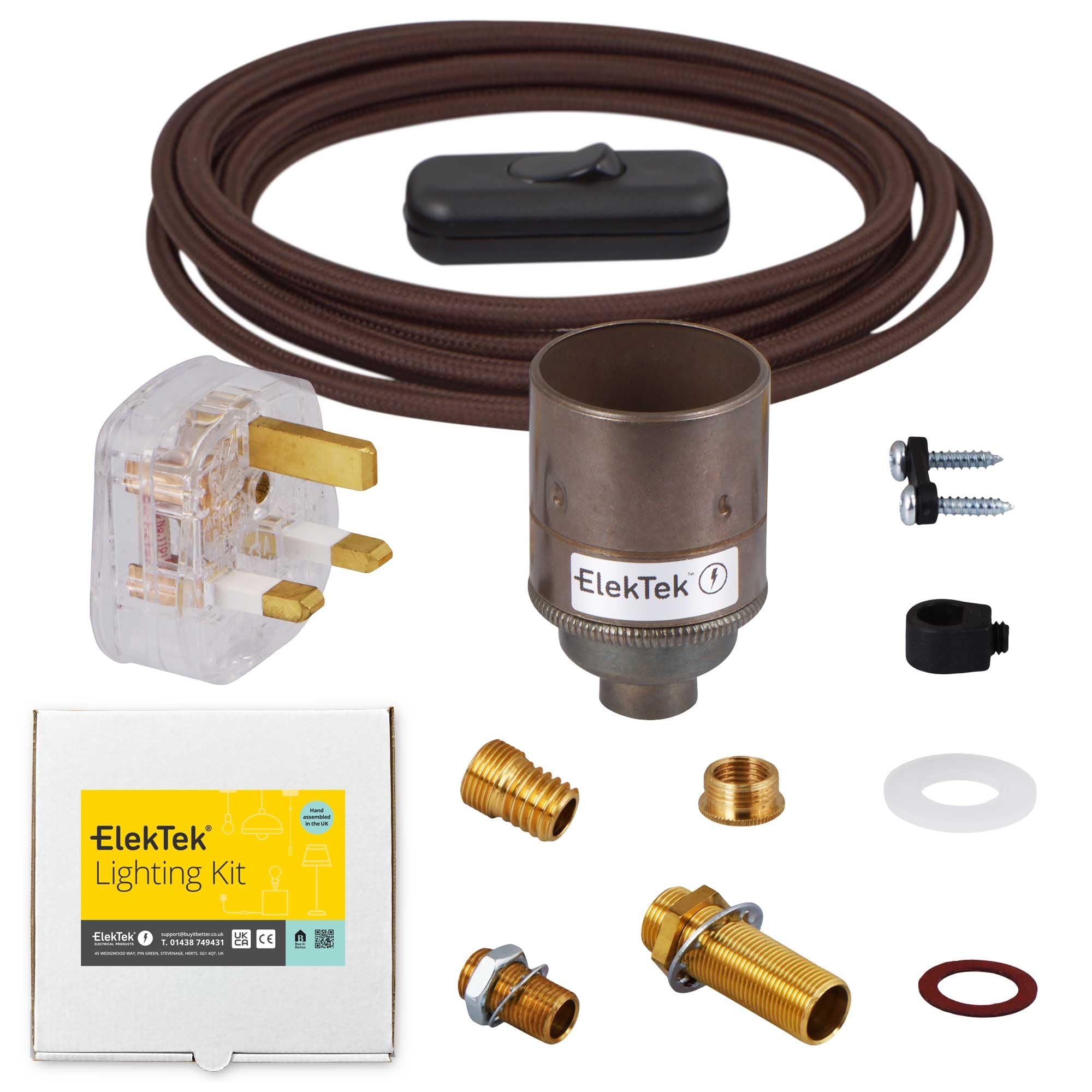 ElekTek Premium Lamp Kit Antique Brass Plain E27 Lamp Holder with Round Brown Flex, in Line Switch and 3A UK Plug