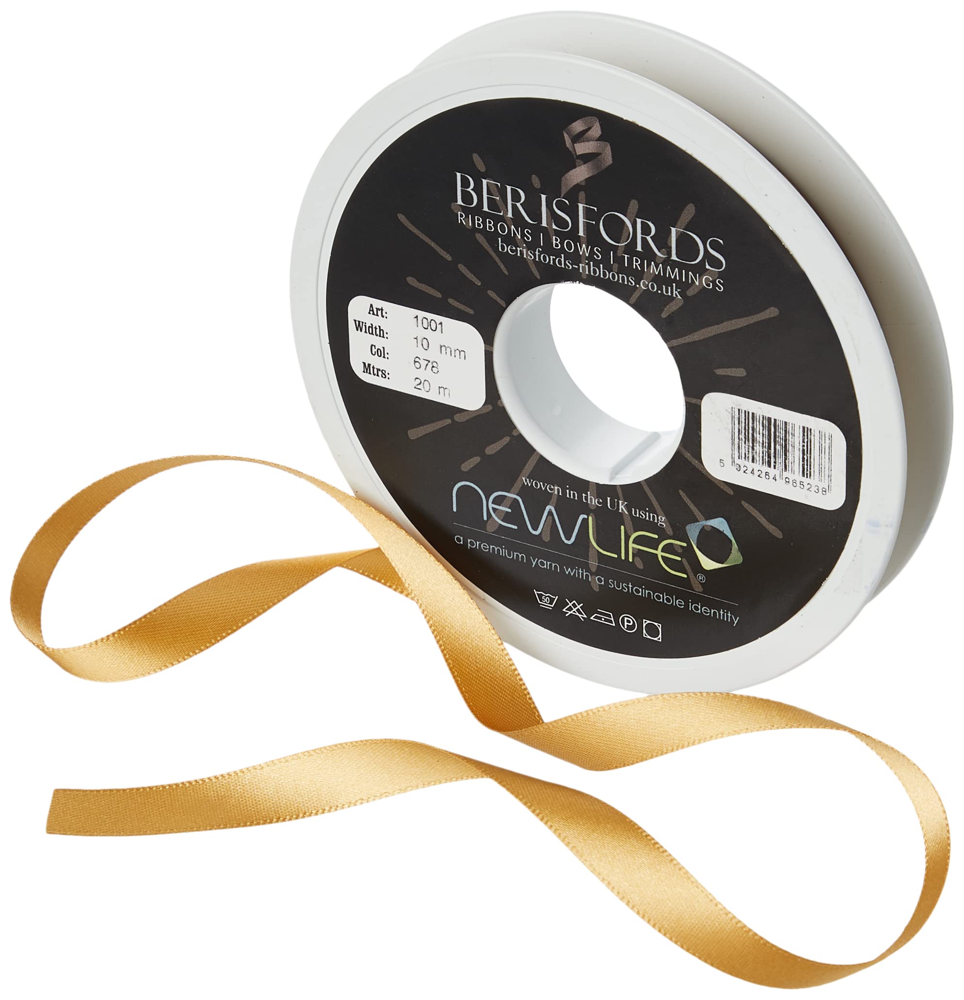 Berisfords 10mm 678 Honey Gold Newlife Satin Ribbon 100% Recycled 20m Reel