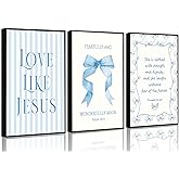 3Pcs Blue Christian Wall Art Coquette Bow Canvas Poster Print Inspirational Bible Verses Eclectic Aesthetic Preppy Painting Wall Decor for Teen Girls Bedroom Apartment 12x16in Unframed