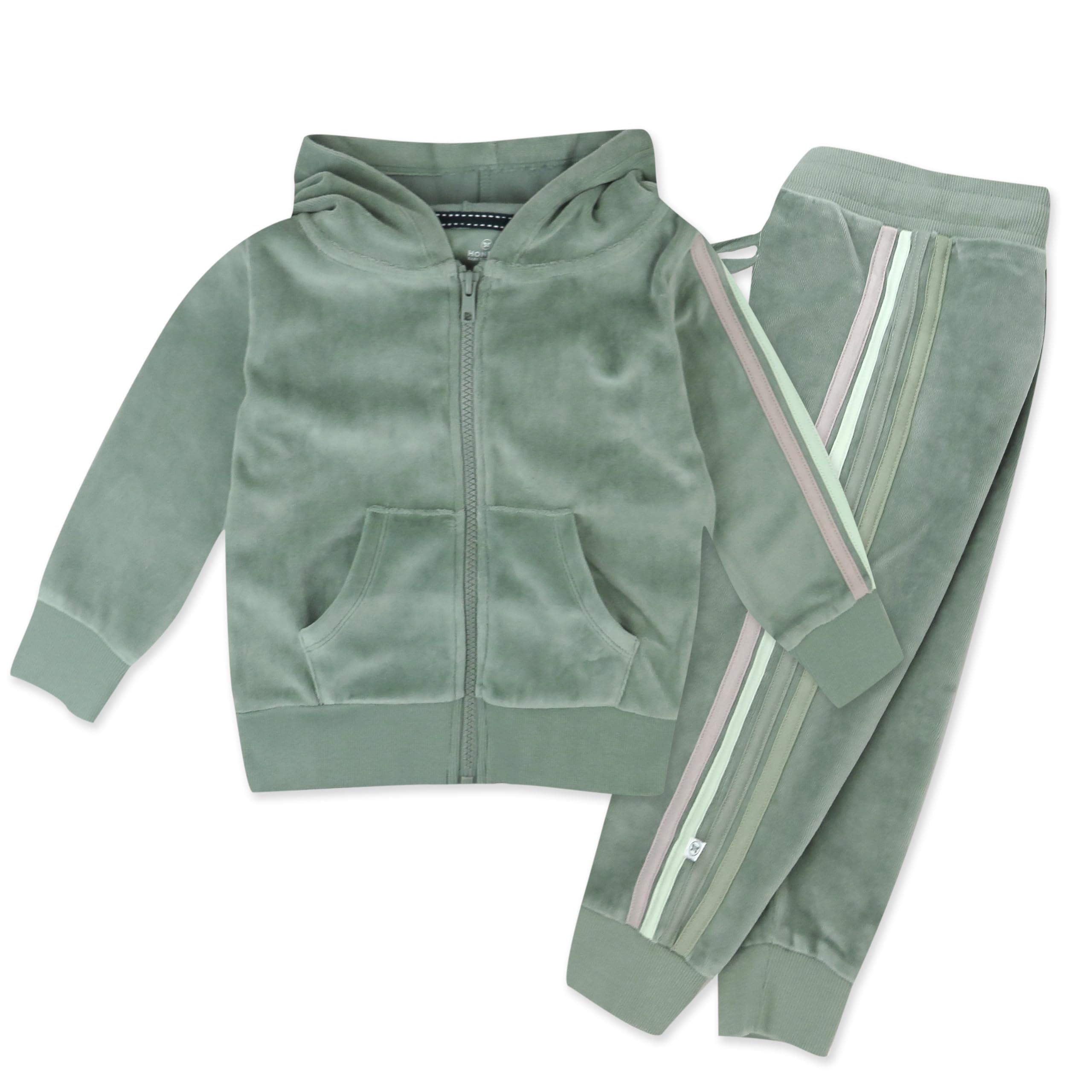 HonestBaby Velour Pullover Hoodie and Zip Front Sweatshirt and Jogger Sweatpants Set Baby, Toddler, Boys, Girls, Unisex, Sage with Stripe, 2T