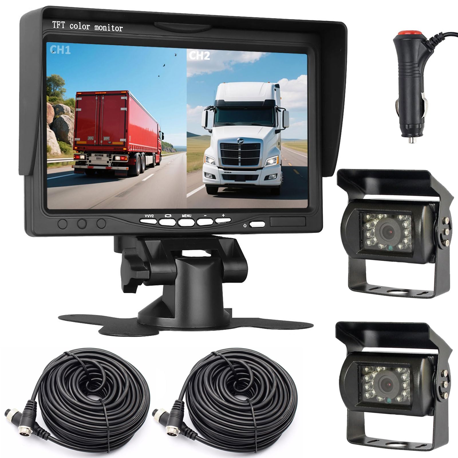 12V-24V 4Pin Reversing Backup Rear View System 7" TFT LCD HD Monitor with Sun Shade Bracket +2x 18LEDs IR Night Vision Waterproof Reverse Camera for RV/Bus/Trailer/Truck