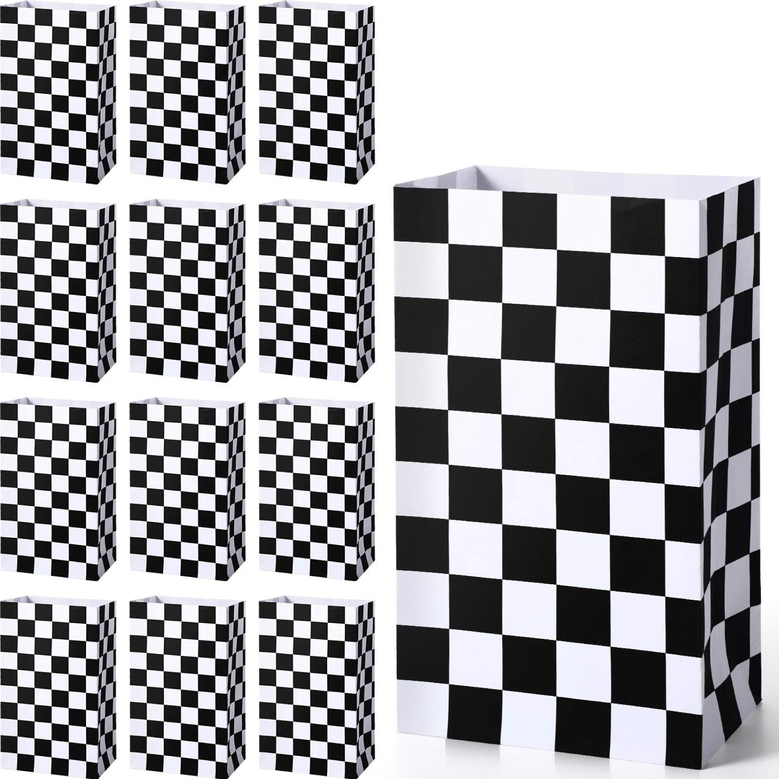 Photo 1 of 28 Pack Checkered Racing Treat Bags, Black and White Race Car Favor Bags, Kraft Paper Popcorn Boxes for Monster Truck Cars Birthday Party Decorations
