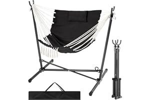 ANTIFIR Hammock Chair with Stand Included Hanging Chair Macrame Boho Handmade Adjustable Swing with Headrest and Side Pocket Indoor Outdoor Patio Yard Garden Porch 450lbs Capacity（Black）