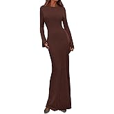 PRETTYGARDEN Women's Fall Fashion 2026 Long Sleeve Maxi Dress Ribbed Knit Boat Neck Bodycon Casual Dresses Going Out Outfits