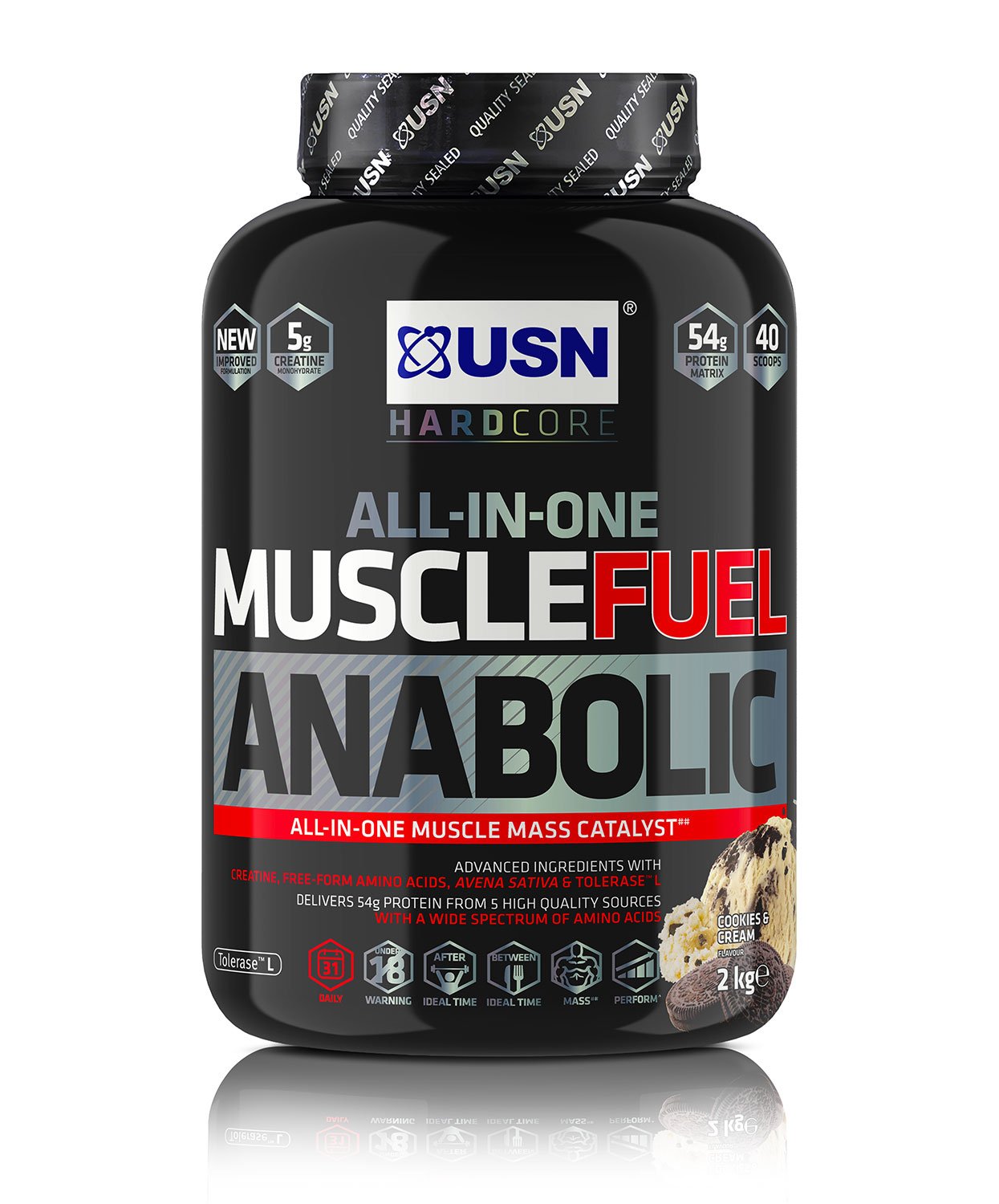 USN Muscle Fuel Anabolic Cookies and Cream 2KG, Workout Boosting All in One Muscle Gain Protein Shake Powder