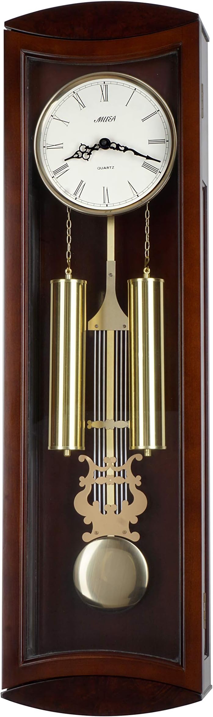 JUSTIME 30-inch Solid Wood Mahogany Pendulum Wall Clock with Hourly Westminster Hour Chime and Strike, Night Off - P00054