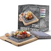 Artestia Hot Steak Stone Cooking Set &ndash; 2 Natural Granite Steak Stones +1 Bamboo Serving Tray &amp; 3 Sauce Bowls &ndash; Indoor/Outdoor Restaurant-Style Cooking for Steak, Seafood &amp; Veggies