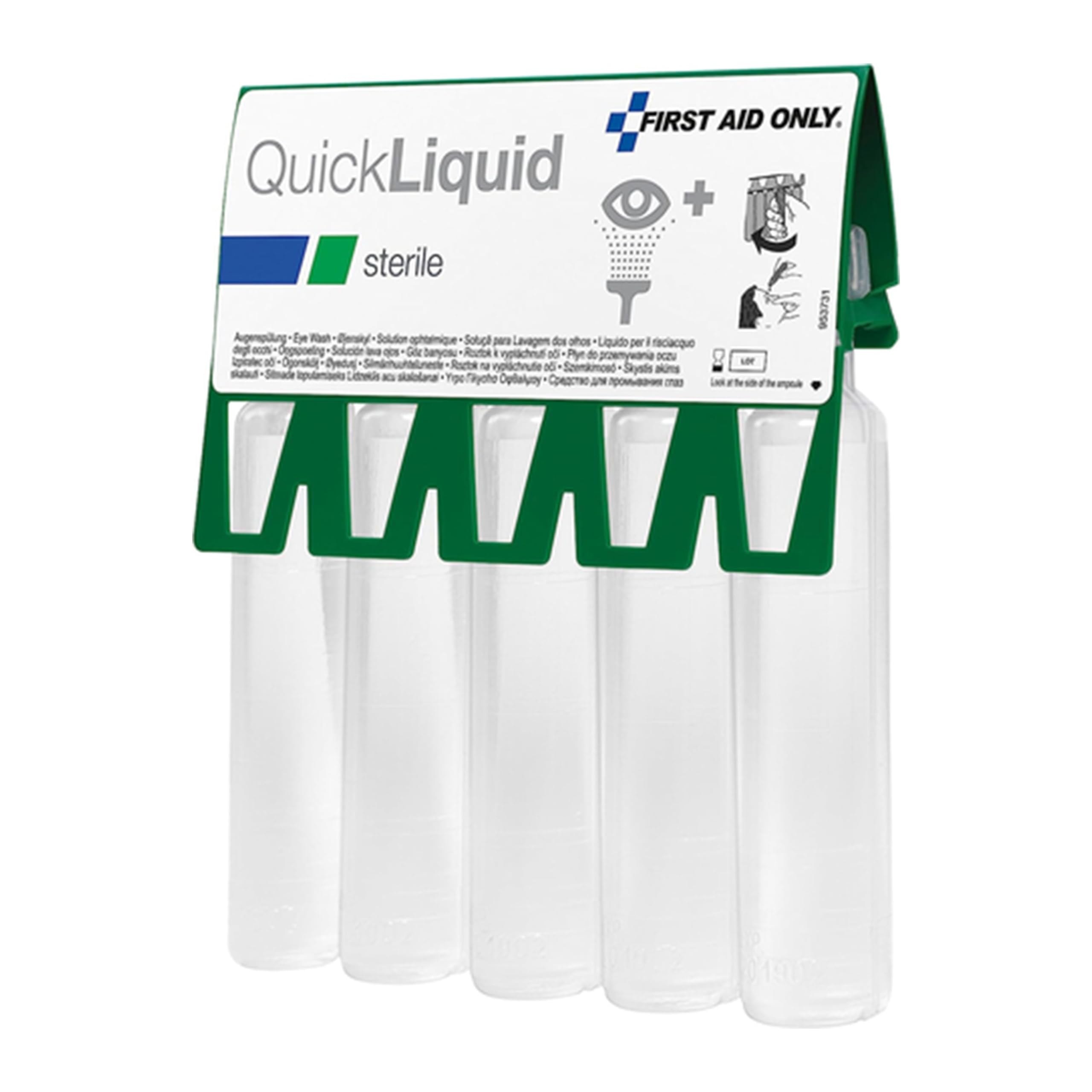 First Aid Only QuickLiquid Eye Wash Solution (5 x 20 ml) | Sterile 0.9% saline solution for emergency eye irrigation | Pack of 5, 20 ml sodium chloride eye wash bottles for first aid | P-44009 00
