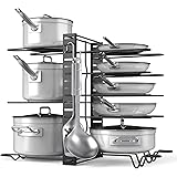 Pan Organizer-Adjustable 8+ Pots and Pans Oragnizer, Kitchen Counter and Cabinet Pot Lid Holder with 3 DIY Methods (6 Hooks I