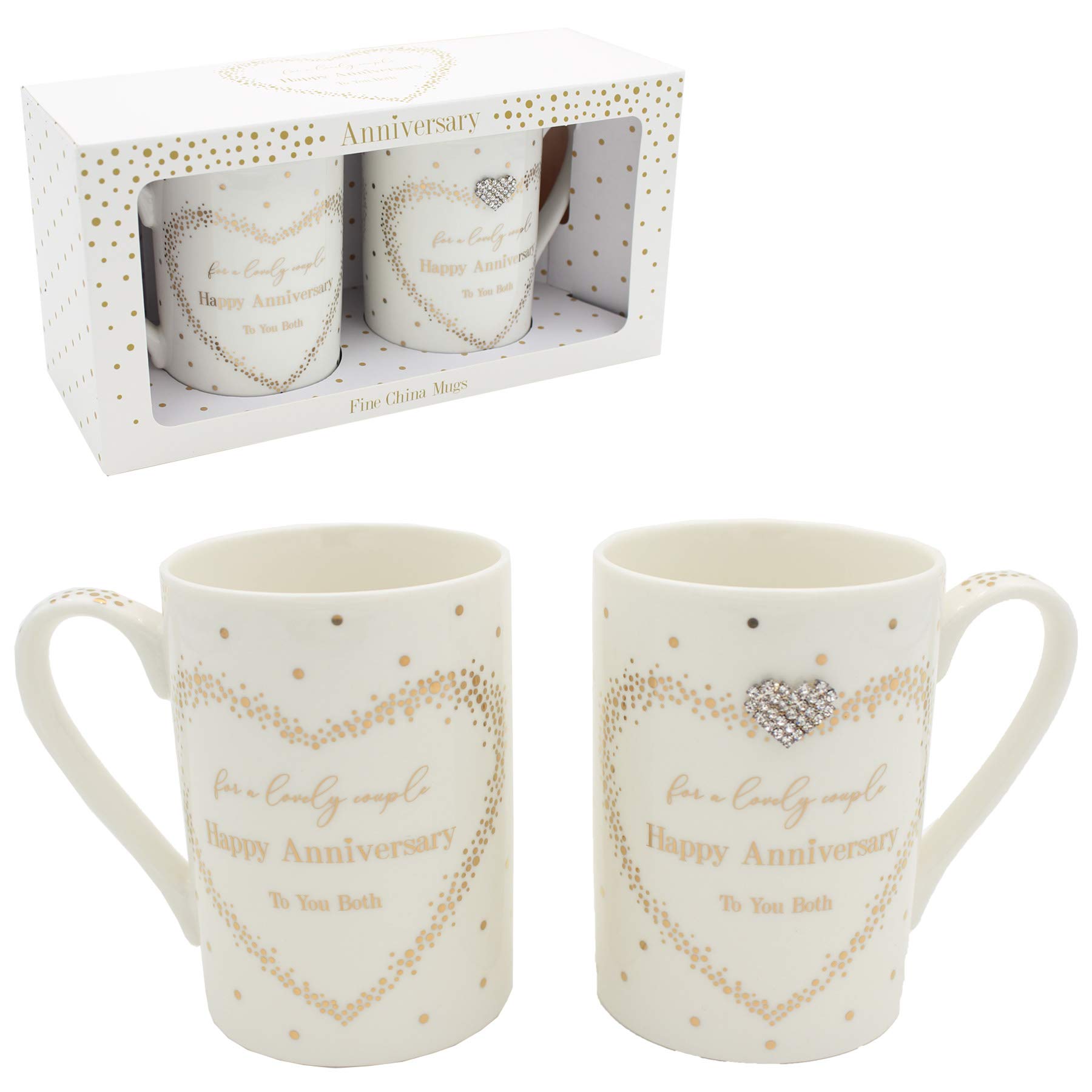 Mad Dots Set of 2 Mugs with Wording Diamante Heart Gift Boxed - Happy Anniversary
