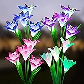 Solar Lights Outdoor Garden, 4 Pack Solar Garden Lights with 16 Bigger Lily Solar Flowers, 7-Color Changing Solar Pathway Lig