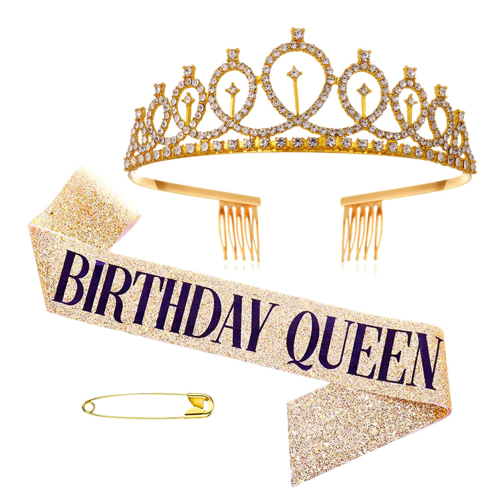 YOUDALIS Birthday Sash and Crown,Golden Crystal Tiara Crown and Queen Sash,Party Gifts Set for Women Birthday Celebration Supplies Decorations
