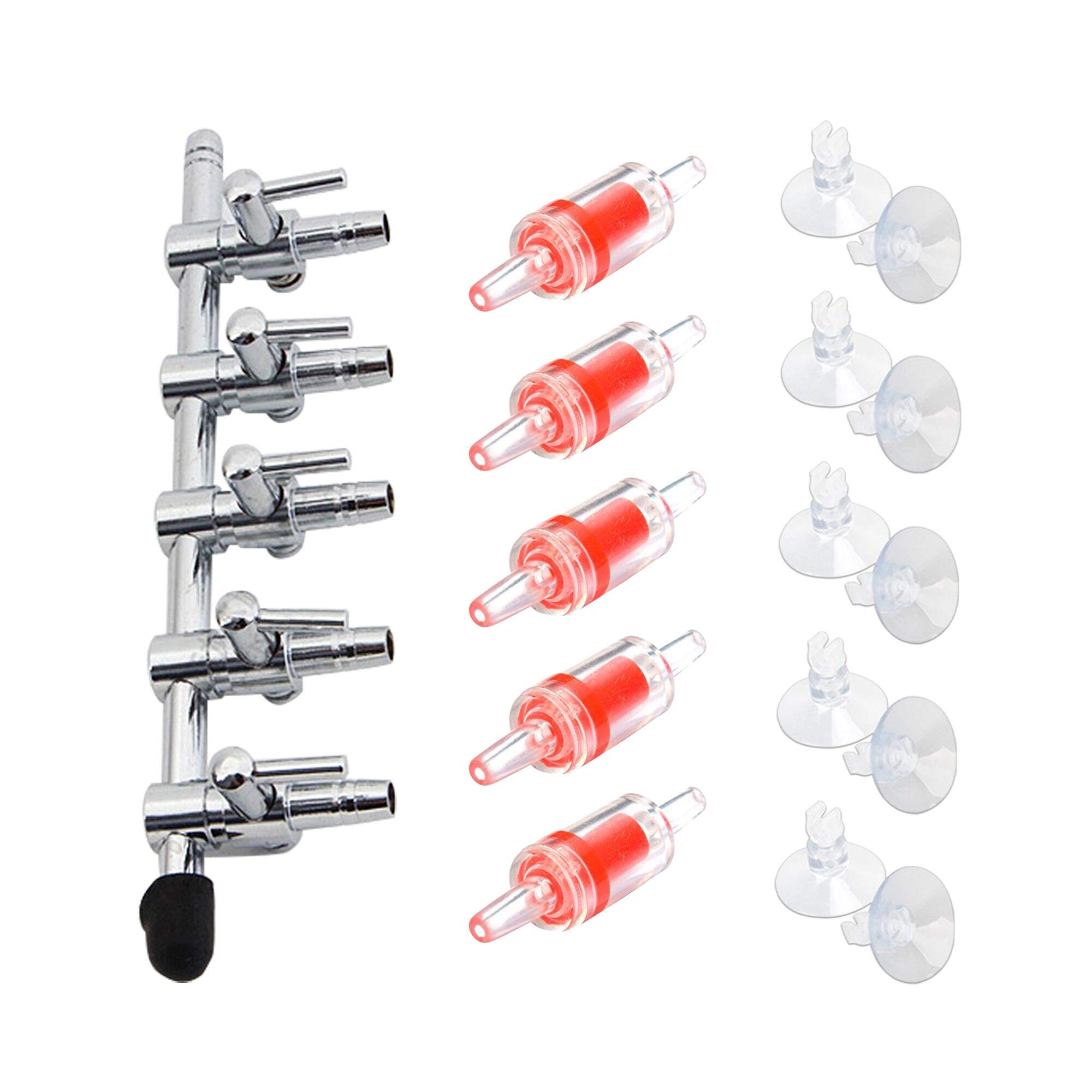 Bornfeel Aquarium Air Flow Control Valve Lever 16 in 1 Kit 5-Way Air Pump Splitter & 5 Non-Return Check Valves & 10 Suction Cups for Fish Tank Pond