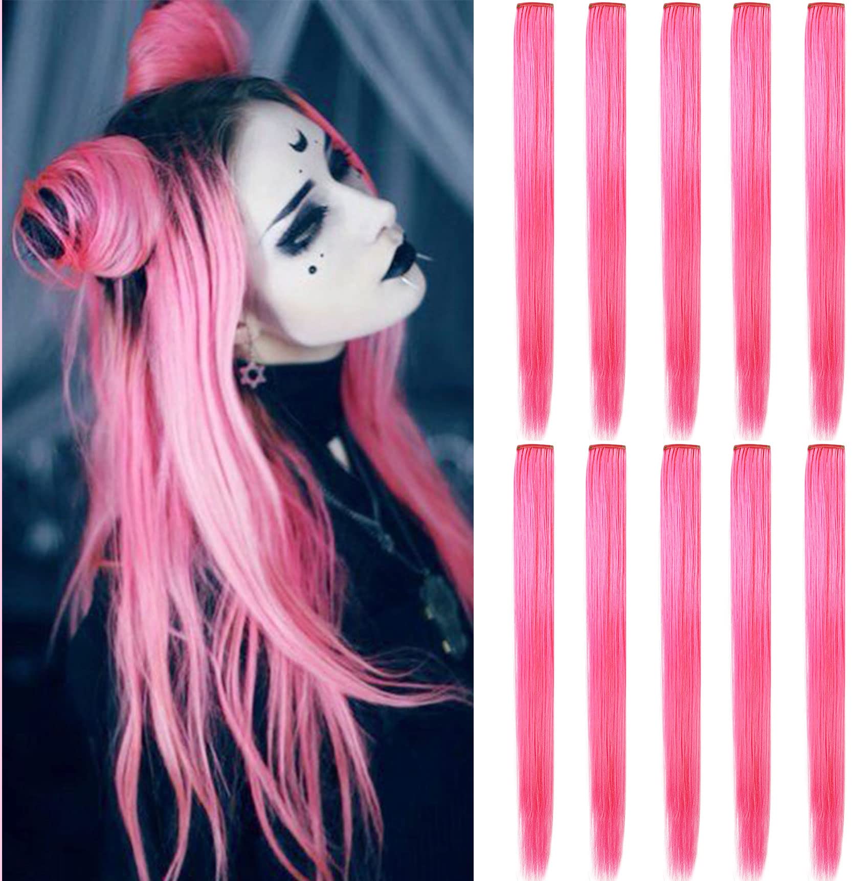 Rhyme 9PCS 21" Colored Clip in Hair Extensions Pink Hair Extensions for Woman Girls Clip in Hair Clips for Girls Party Highlights (Pink)