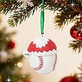 3D Baseball Christmas Ornament with Santa Hat - 3 Inch Resin Sport Ball for Tree Decorations, 2025 Holiday Party Supplies, Gift for Sports Fans