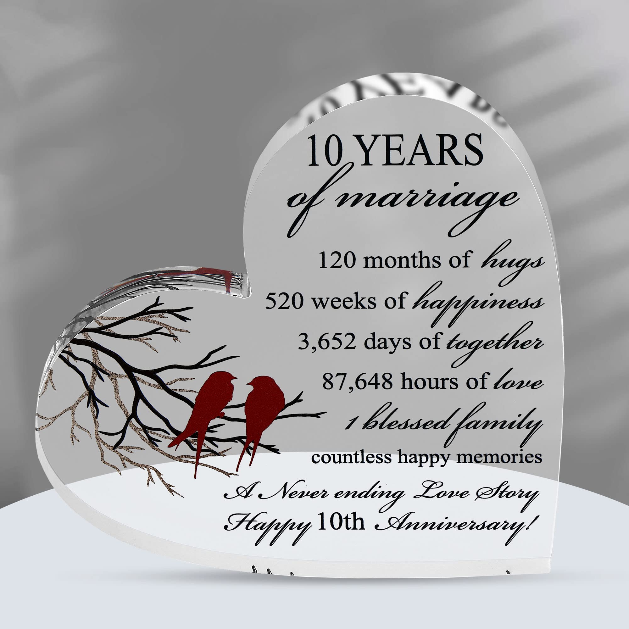10th Anniversary Present for Him and Her - Tin Wedding Anniversary Present for Couple - Unique Acrylic Heart-Shaped Keepsake for 10 Anniversary