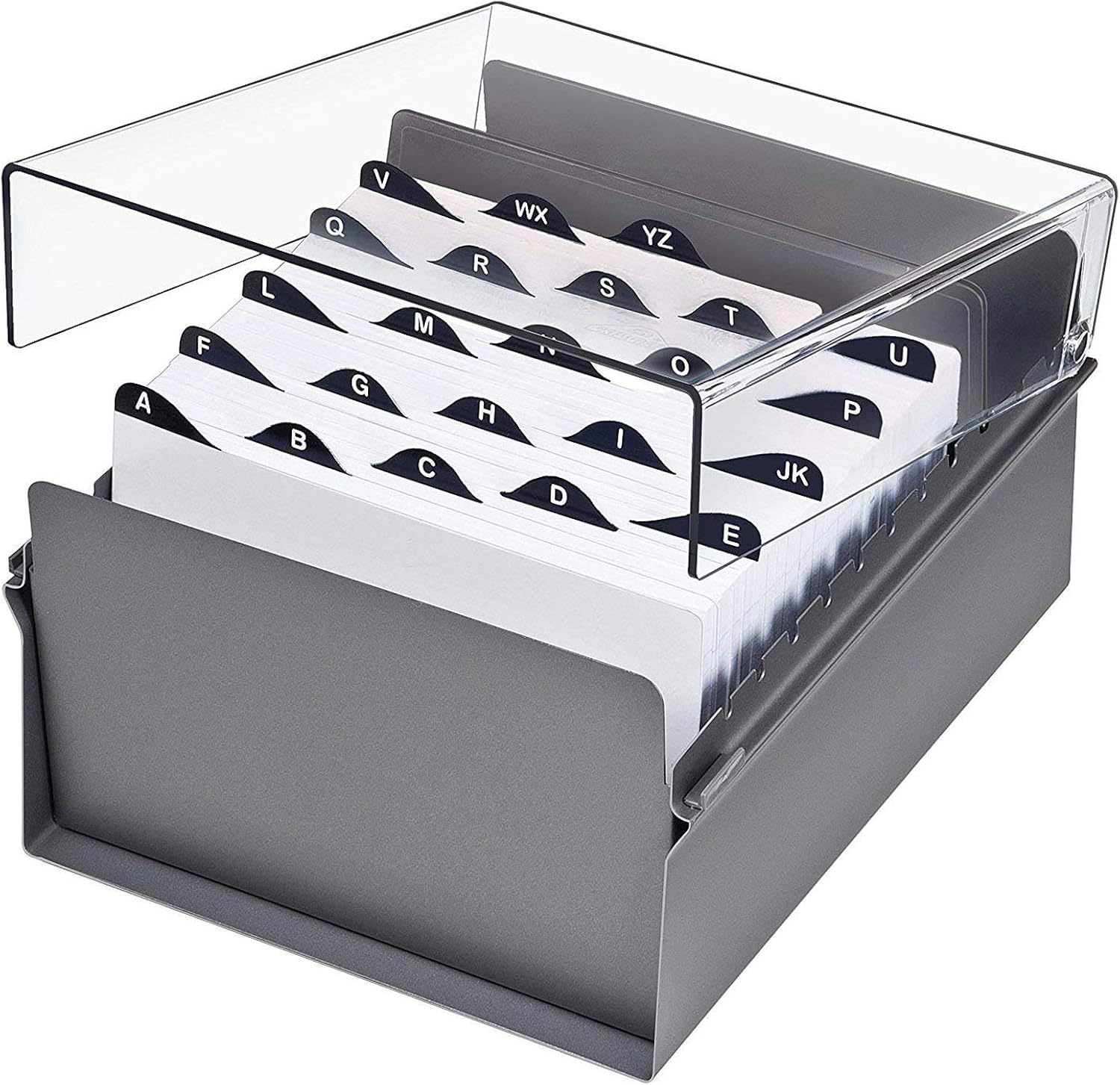Acrimet 5'' X 8'' Card File Holder Organizer Box Metal Base Heavy Duty (AZ Index Cards 205mm Width x 138mm Height and Divider Included) (Gray Color with Clear Crystal Plastic Lid Cover)