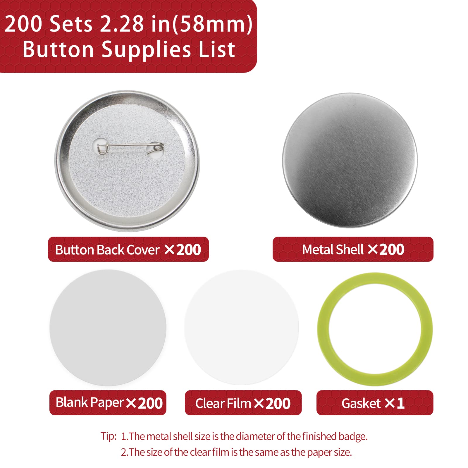 200 Sets Button Maker Supplies, 58mm / 2.28 inch Button Supplies Buttons Parts, (Approx. 2.25 inch) Metal Blank Badge Parts with Blank Paper for Buttons Maker Machine Pin Maker Press