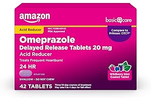 Amazon Basic Care Omeprazole Delayed Release Tablets 20 mg, Acid Reducer, Wildberry Mint Coated Tablet, Heartburn Medicine, 42 Count