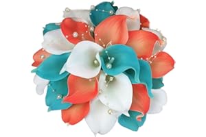 Lily Garden® Real Touch Calla Lily Coral and White and Carnation Turquoise Flowers Wedding Bouquet (Wedding Bouquet Lilies)