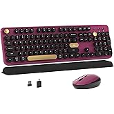 MPTOG Colorful Wireless Computer Keyboard and Mouse Combo with Round Typewriter Keycaps, Retro Design, Power Switch, Ergonomic Design, 2.4GHz Wireless for Windows, Mac, PC(Black-Claret)