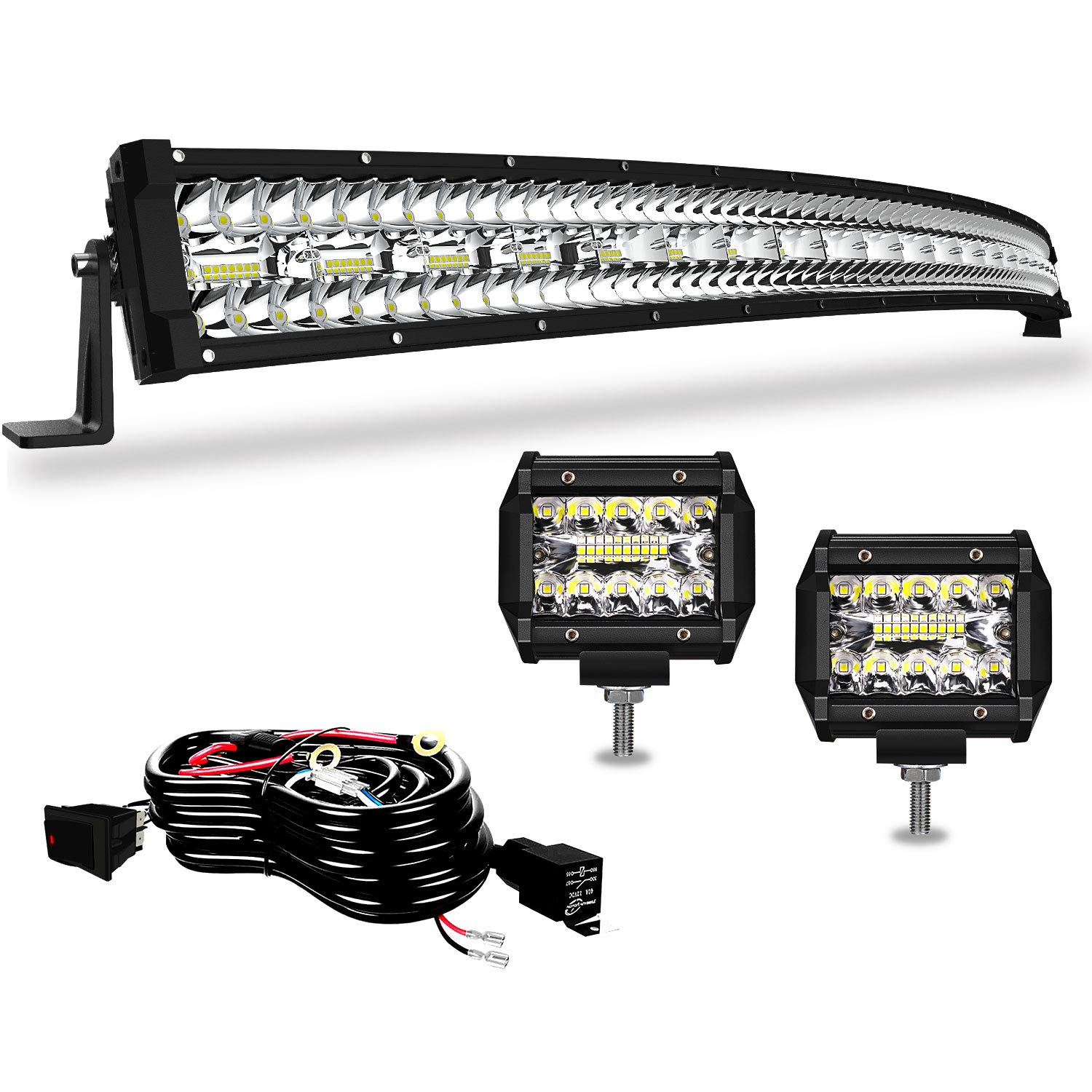 50" LED Light Bar Curved DakRide Triple Row 1032W Flood Spot Combo Beam Off Road Lights 2pc 4inch 60W Spot Driving Fog Lights with Rocker Switch Harness Wiring for Trucks ATV UTV Jeep Boat Pickup