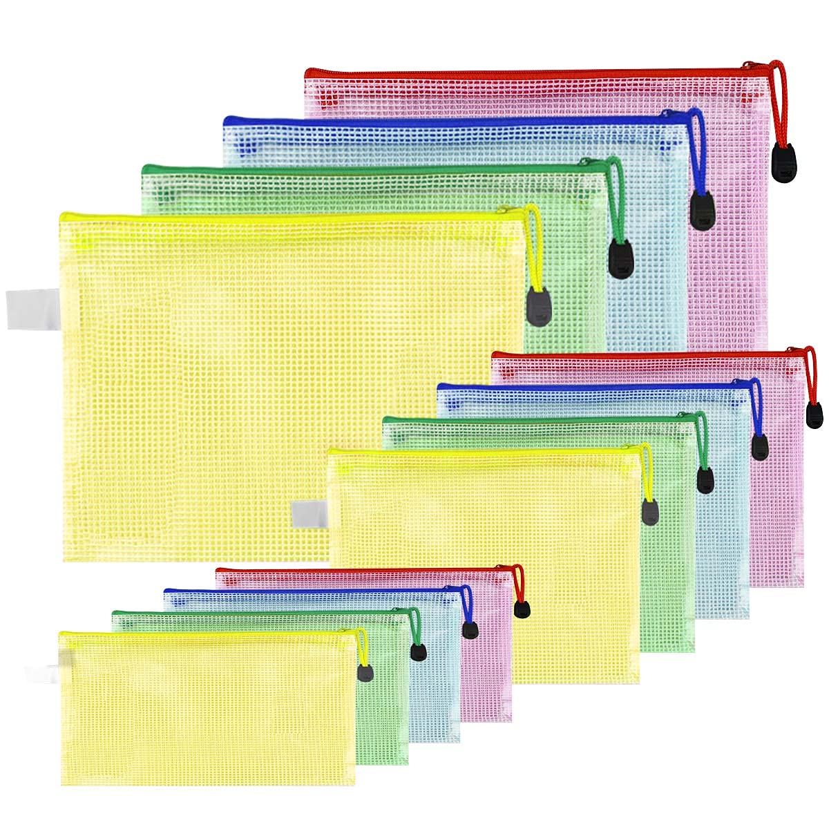 Photo 1 of 12 Pack Document Zipper Pouch Travel File Mesh Bags A4 A5 A6 Size School Office Supplies Colors Plastic Bag for Storage Waterproof Zip Folders Cosmetics Pouches Letter Pencil PVC Organizing for Home