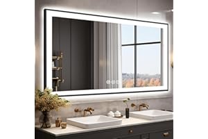 Megatex 55x36 LED Bathroom Mirror, Black Aluminum Framed, Backlit + Front-Lit, 3 Colors Temperature Changeable, Dimmable Vanity Mirror, Tempered Glass, Defog, Waterproof, Memory (Horizontal/Vertical)