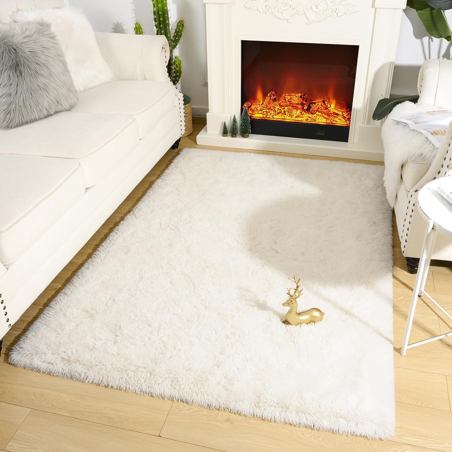 Aspire Homeware Fluffy Bedroom Rug – Cream Lounge Area Rugs 80x150 cm for Living Room Large Plush Carpet Modern Soft Shaggy Pile Faux Fur Rug for Home — image 1