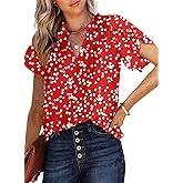 Dokotoo Women's Casual V Neck Alicia Floral Print Smocked Short Sleeve Chiffon Blouses Bohemian Top Shirts