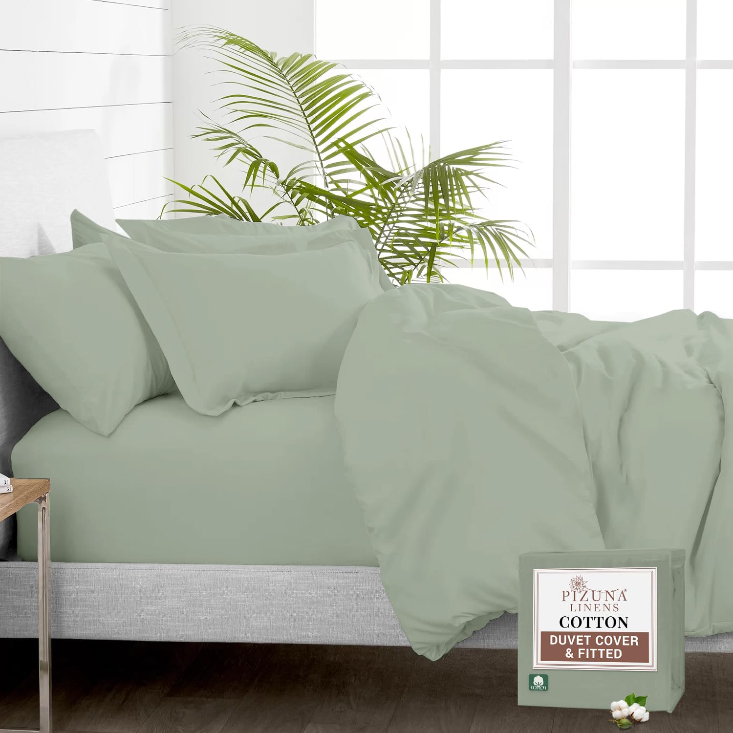 Pizuna Pure 100% Cotton Single Duvet Cover Set with Single Fitted Sheet Seafoam Sage, 400 Thread Count Long Staple Cotton Bedding Set, Soft Sateen Weave Quilt Cover Set & 40 cm Deep Fitted Sheets — image 1