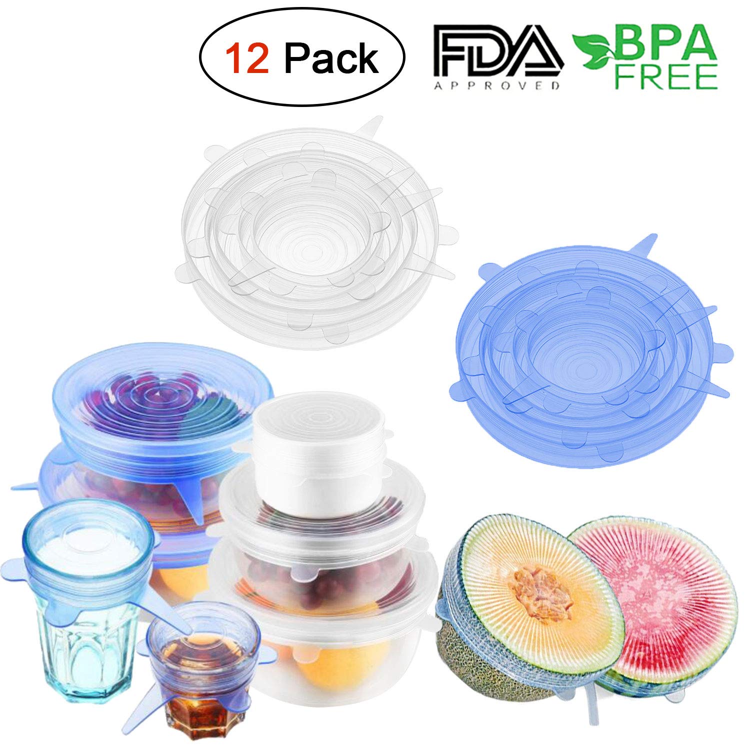 Silicone Stretch Lids 12 Packs Reusable, Durable and Expandable Silicone Covers Fresh Food Cover Fit Various Sizes and Shapes of Containers for Keeping Food Fresh, Dishwasher and Freezer Safe