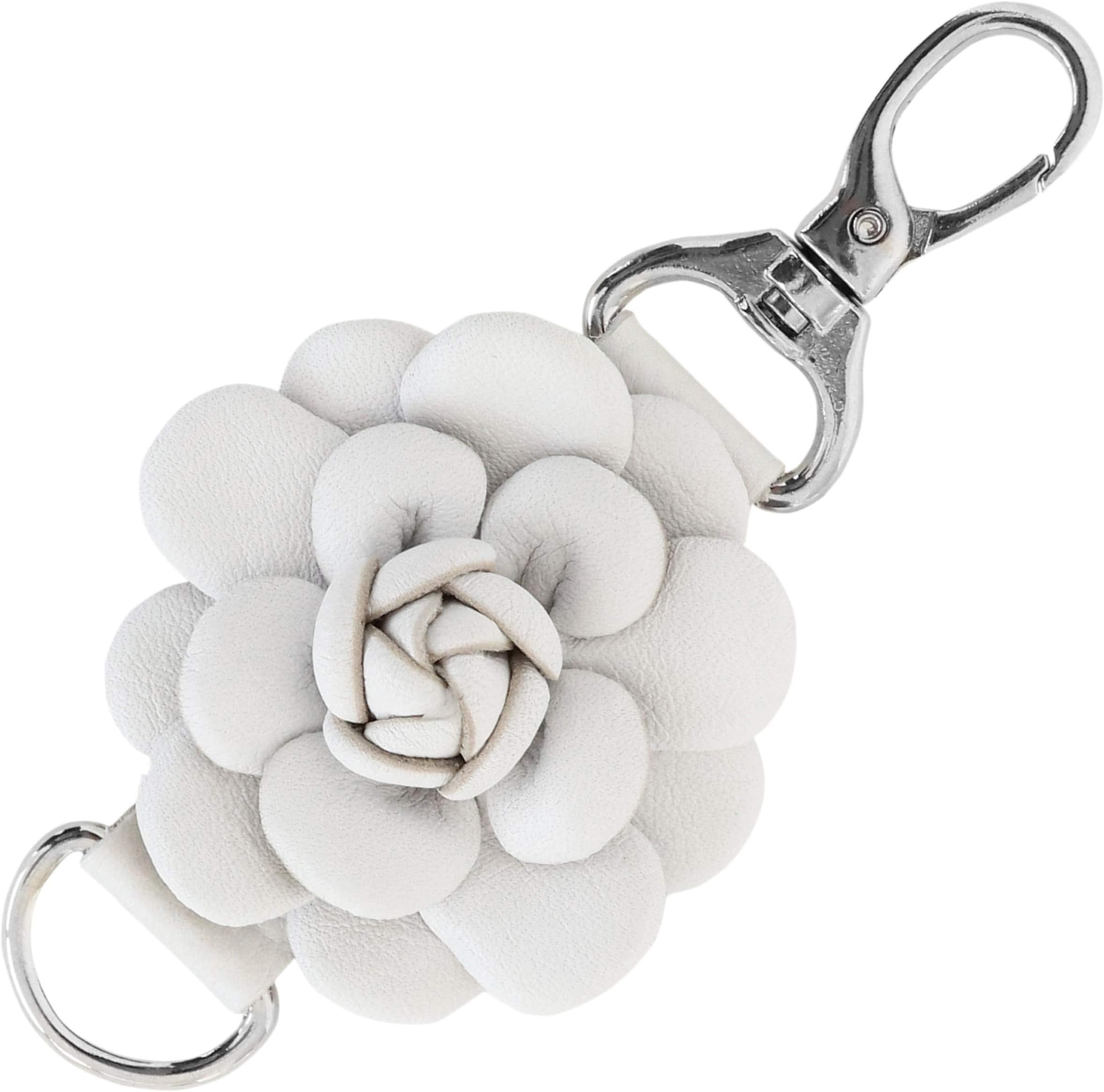 Genuine Leather Handmade Rose Charm, Pom Pom Keychain, Keyring for Bag Purse Backpack (White)