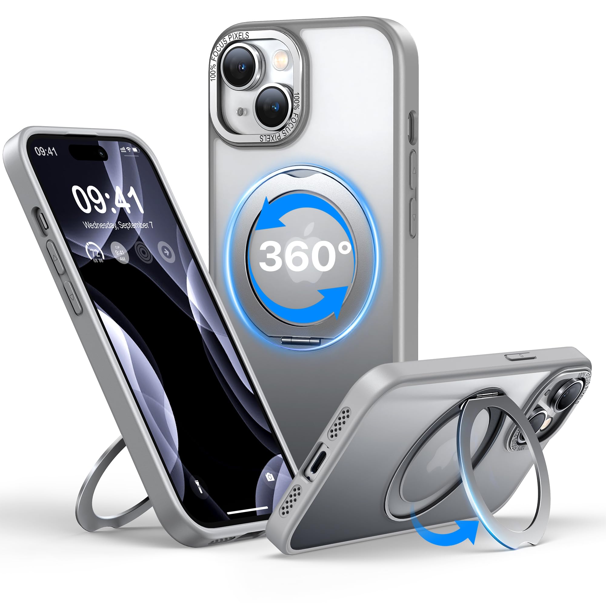 QTlier for iPhone 14 Case, 360° Rotatable Ring Stand Case Compatible with MagSafe, [Military-Grade Protection] [Raised Camera Frame] Kickstand Case for iPhone 14 (Grey)