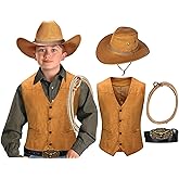 KAIPUTE Kids Western Cowboy Costume Boys Vest Hat Belt for Halloween Party Cosplay