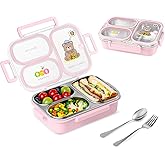 SAYAPE Stainless Steel Bento Lunch Box for Kids, 26.4 oz Leak-Proof 3-Compartment Metal Bento Box, BPA-Free, Cute Cartoon Meal Prep Snack Container with Utensils for School, Office, Travel - Pink