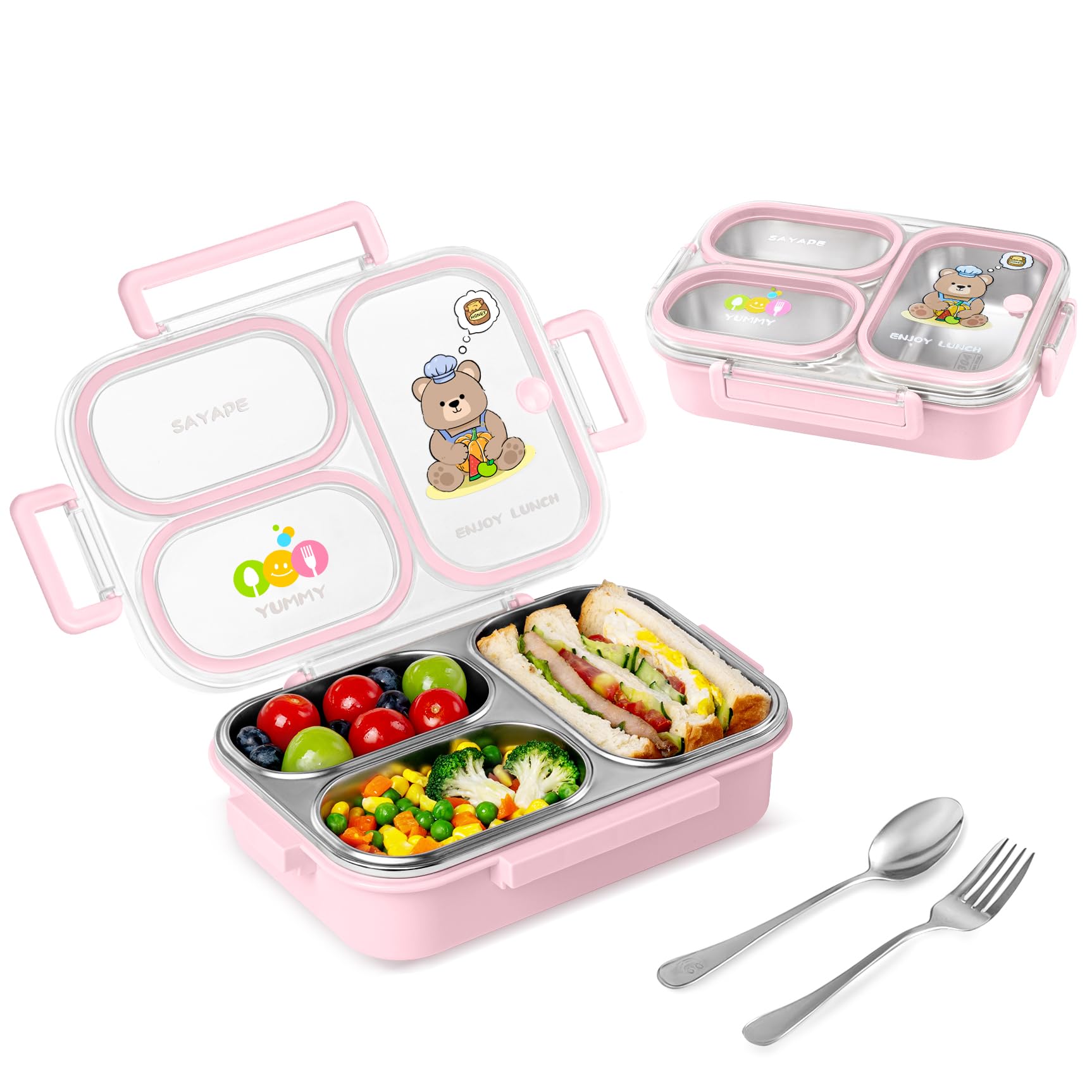 SAYAPE Stainless Steel Bento Lunch Box for Kids, 26.4 oz Leak-Proof 3-Compartment Metal Bento Box, BPA-Free, Cute Cartoon Meal Prep Snack Container with Utensils for School, Office, Travel - Pink