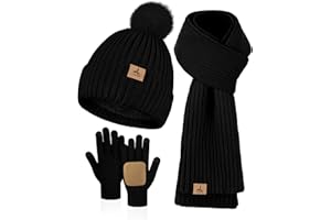 LOROME Women Winter Beanie Hat Scarf Gloves Set, Fleece Knitted Pompom Hat Warm Neck Scarf Touchscreen Gloves Winter Gift