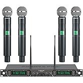 Phenyx Pro Wireless Microphone System, 4-Channel UHF Wireless Mic, Fixed Frequency Metal Cordless Mic with 4 Handheld Dynamic Microphones, 260ft Range, Mics for Singing, Church(PTU-5000-4H)