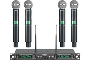 Phenyx Pro Wireless Microphone System, 4-Channel UHF Wireless Mic, Fixed Frequency Metal Cordless Mic with 4 Handheld Dynamic Microphones, 260ft Range, Mics for Singing, Church(PTU-5000-4H)