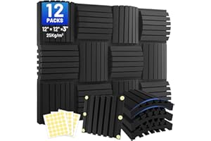 Focusound 12 Pack Curved Acoustic Foam Panels 3" x 12" x 12" Sound Proof Foam Panels Soundproofing Noise Cancelling Wedge Panels for Home Office Recoding Studio with 90PCS Double-Side Adhesive