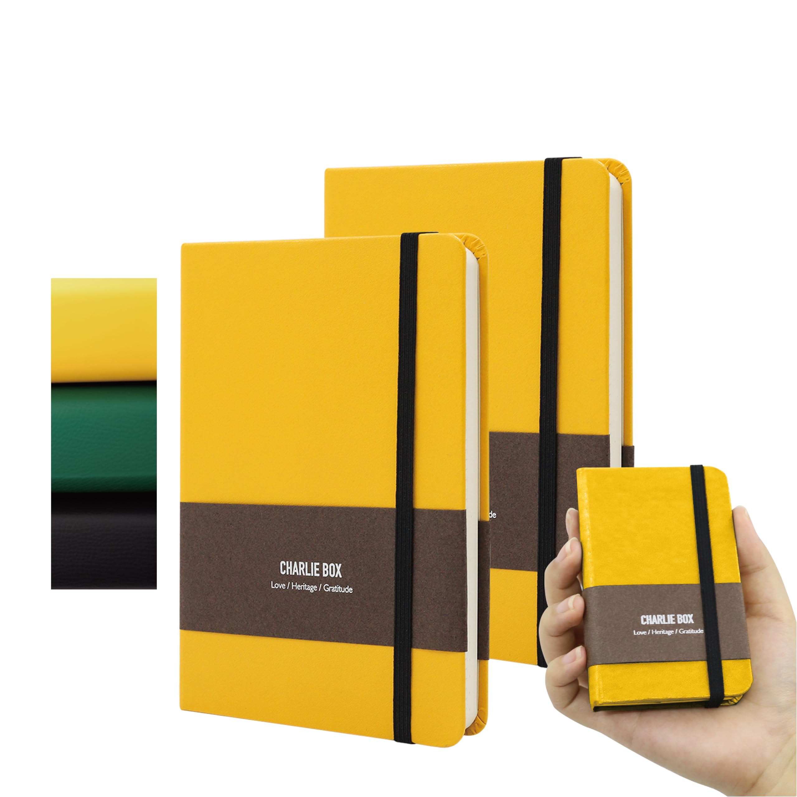 TUNJILOOL A7 Leather Journal Notebook - 2Pack Dotted/Grid/Blank Pages, 100GSM Thick Paper, Water-Resistant Cover, Elastic Closure & Inner Pocket (Yellow)