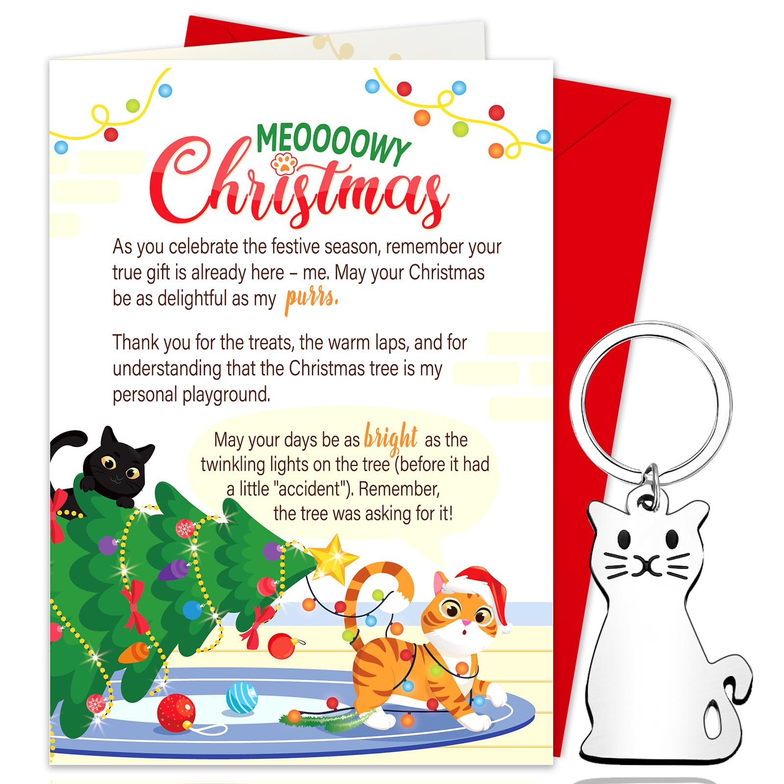 DPKOW Cat Christmas Card Keyring Gifts, Funny Christmas Card from The Cat, Cat Mum Dad Gifts Xmas Christmas Cat Keyring Keychain, Xmas Christmas Card with Envelope, Christmas Presents from The Cat