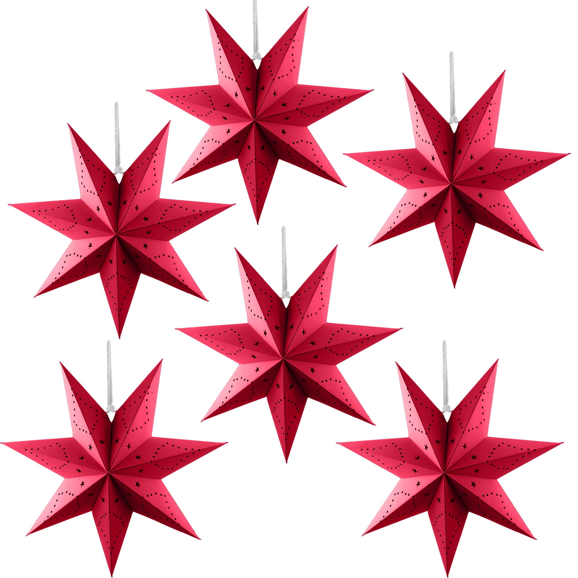 Photo 1 of 6 Pcs 18 Inch 7-Pointed Christmas Paper Star Lampshade Large Star Lamp Red 3D Paper Stars Lantern Hollow Out for Xmas New Year Party Birthday Home Hanging Decorations (Red Style 1)