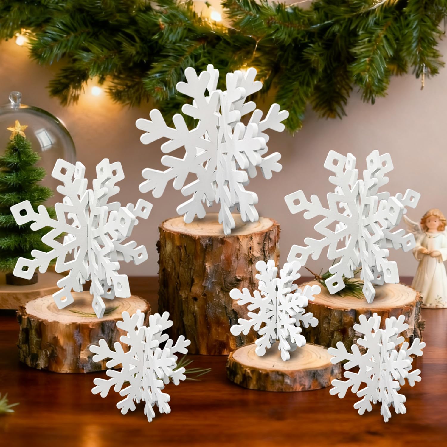Photo 1 of 12 Pcs Christmas Snowflake Decorations - 3D Snowflake Table Centerpieces, White Wooden Snowflakes for Winter Wonderland & Holiday Table Decor (White)