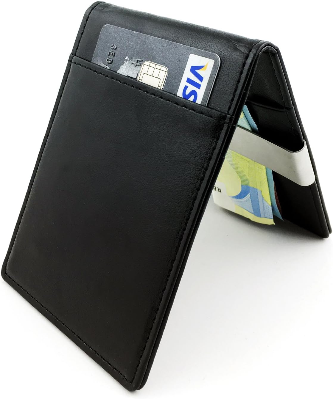 PRIME Minimalist Money Clip Wallet Bifold Front Pocket Rfid Blocking Credit Card Case for Men & Women Slim Thin Holds 8+ Cards Leather Metal black
