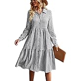 chouyatou Women's Retro Plaid Button Down Shirt Dress Long Sleeve Ruffle Tiered Midi Long Dress with Pockets