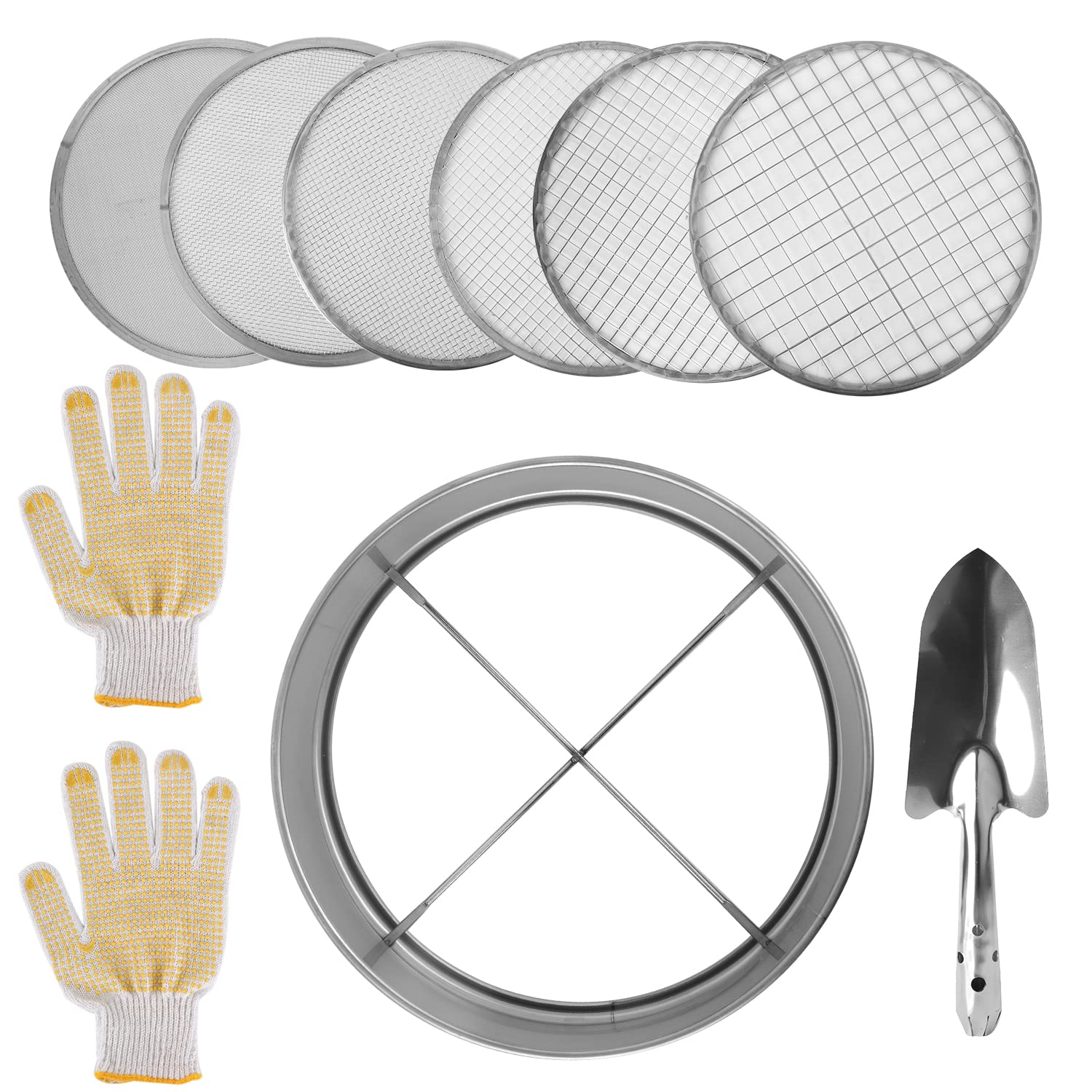 SAVITA Garden Soil Sifter, Stainless Steel Frame 7.9inch Garden Sieve 6pcs Interchangeable Mesh Filters Soil Sifter Set with Frame Screens Spatula and Gloves