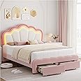 HOSTACK Full Upholstered LED Bed Frame with Storage Drawers, Cute Girls Bed with Adjustable Lotus Headboard, Velvet Princess Platform Bed Frame, Wooden Slats Support, No Box Spring Needed, Pink/Beige