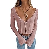 Tankaneo Women's Tie Front Crop Tops Bell Sleeve Scoop Neck Long Sleeve Blouses Crochet Sheer Knit Shrug Shirts